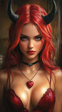 Sensual She-Devil with Horns and Fiery Red Hair, Seductively Luring Lost Souls in Dark Background Illustration