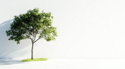 Obraz premium A single vibrant tree with lush green leaves thrives against a simple white background, providing a tranquil setting perfect for creative projects or presentations, copy space, environment concept