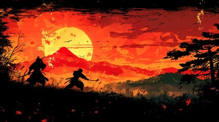 Naklejka premium Two Silhouetted Figures with Swords Stand Before a Fiery Sunset and a Mountain Range