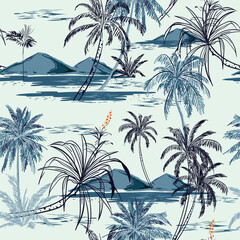 seamless retro style hawaii pattern with mountain, sunset, palm trees,  colorful bright artistic tropic fantasy background allover print