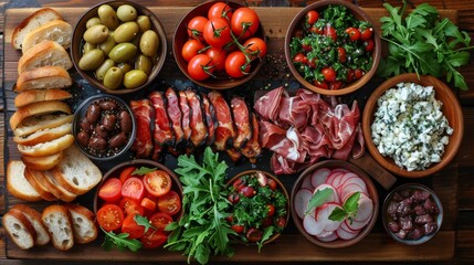 Fresh Mediterranean mezze platter with assorted vegetables, olives, breads, and cured meats on a wooden board