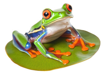 Fototapeta premium A vibrant red-eyed tree frog perched on a green leaf, showcasing its striking colors and unique features in a natural habitat.