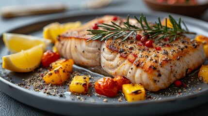 Grilled salmon fillet with lemon, tomatoes, and rosemary served on a black plate