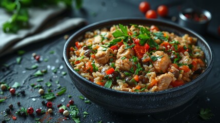 Colorful chicken fried rice in a bowl garnished with fresh herbs on a dark textured surface