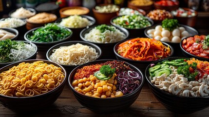 Fototapeta premium Colorful assortment of fresh noodles and toppings on a wooden table at a bustling market during lunch hour