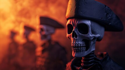 Pirate crew with spectral animals, eerie Halloween night, 3D illustration