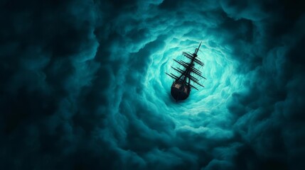 Pirate ship escaping a haunted whirlpool, ghostly faces in the water, 3D illustration