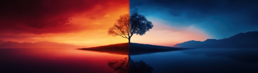 Obraz premium Day and Night Contrast in Split-Screen Landscape | Sunlight vs Moonlight Scenery Comparison