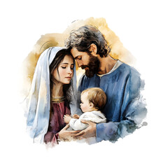 Watercolor Illustration of Mary and Joseph with Child. Vector illustration design. © john