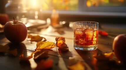Glass of apple whiskey on a wooden table surrounded by autumn leaves, capturing the essence of a cozy fall evening.