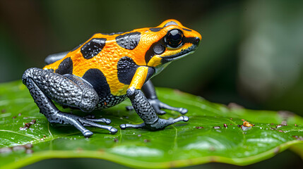 Obraz premium Amazon Yellow-banded Poison Dart Frog sitting on a bright green leaf, its vibrant yellow and black colors standing out