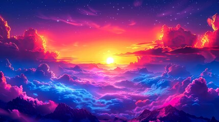 Vivid Sunset Over Mountains and Clouds