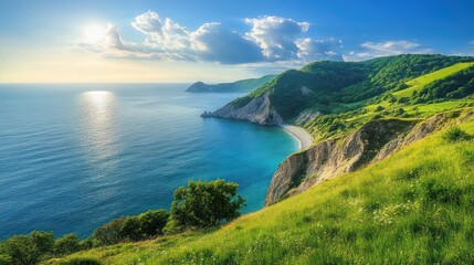 Fototapeta premium Coastal Landscape with Lush Green Grass and Blue Water