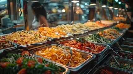 Vibrant buffet of colorful pasta dishes displayed in a busy restaurant during dinner service