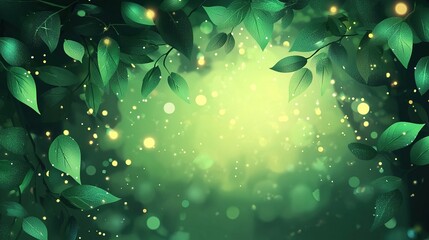 Enchanted Forest: A magical and ethereal backdrop of lush green leaves, glowing with warm, golden fireflies. 