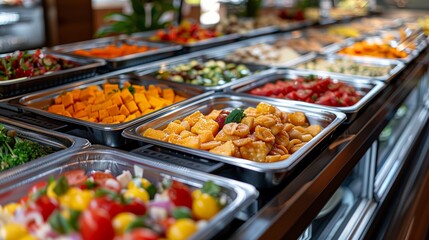 Fototapeta premium Colorful display of fresh salads and vegetables at a buffet restaurant during lunchtime