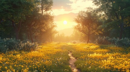 Fototapeta premium Golden sunset illuminates a blooming meadow with wildflowers and trees in a serene landscape