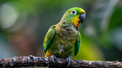 Amazon Yellow-chevroned Parakeet perched on a branch, its vibrant green and yellow feathers visible