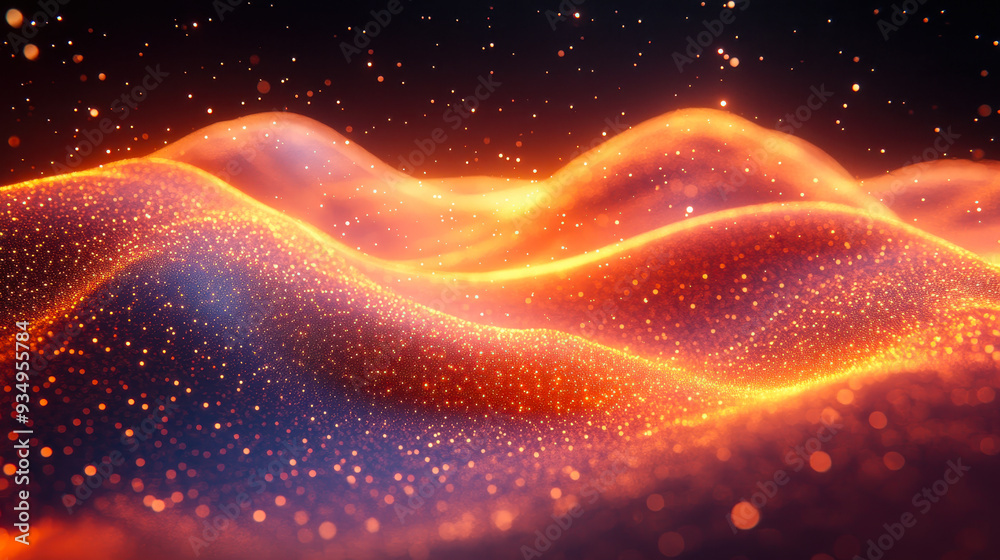 Poster dynamic abstract digital waves with glowing particles, network data visualization, futuristic techno