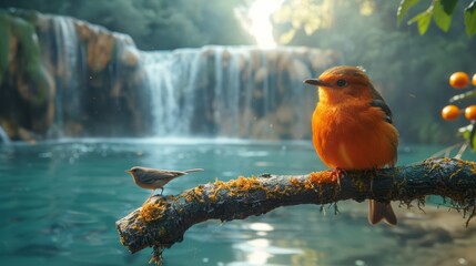 A vibrant orange bird perched on a branch near a serene waterfall in a lush forest setting during golden hour