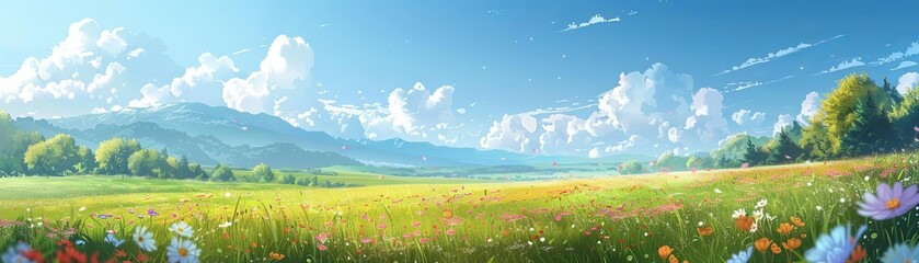 Fototapeta premium Scenic peaceful meadow field with blooming flowers, vibrant and inviting