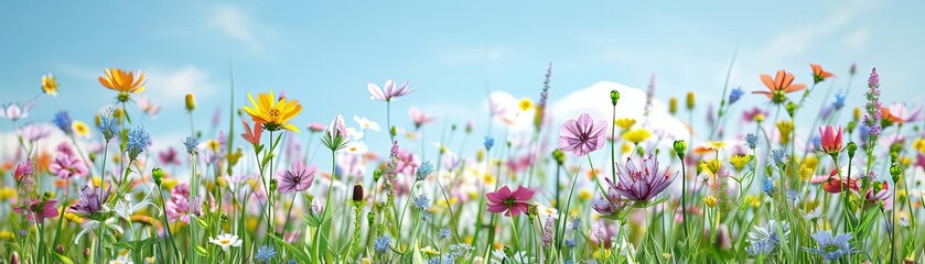 Serene wildflower meadow view under a bright blue sky, peaceful and colorful