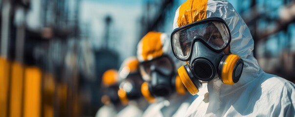 Group of industrial workers in hazmat suits and gas masks standing in a row, focusing on protective gear, safety, and industrial environment.