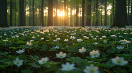 Sunlight filters through trees over a blooming field of white flowers in a tranquil forest at sunset