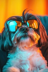 Dog wearing sunglasses on couch
