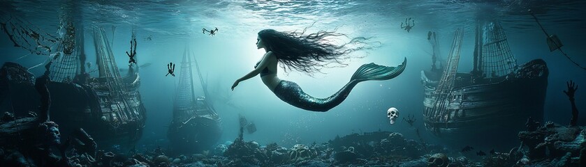 Naklejka premium A hauntingly beautiful mermaid with flowing black hair swims past sunken pirate ships, adorned with Halloween decorations like skeletons and cobwebs. The scene is composed with significant copy space.