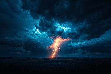 A lightning bolt strikes the sky above a field. The sky is dark and stormy, with the clouds looming overhead. The lightning bolt is bright and powerful, illuminating the sky. The scene is intense