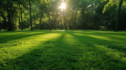 Obraz premium Sunlight filtering through trees on a lush green lawn in a serene park during late afternoon
