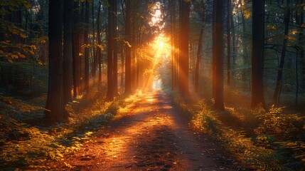 Fototapeta premium Sunlight filters through trees on a tranquil forest path during golden hour