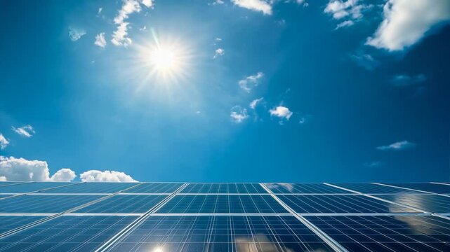 Solar panels under blue sky, representing clean, renewable energy and sustainability.