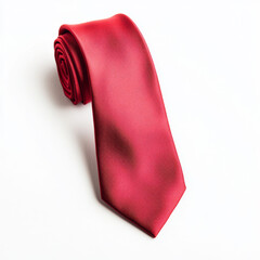 A red tie is laying on a white background. The tie is made of a shiny material and has a smooth texture. The red color of the tie is bold and eye-catching, making it a statement piece