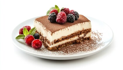 A square slice of tiramisu topped with raspberries and blackberries on a white plate with a dusting of cocoa powder.
