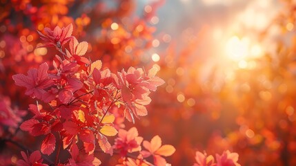 Autumn leaves illuminated by warm sunlight in a tranquil garden during sunset