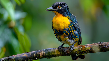 Naklejka premium Amazon Yellow-rumped Cacique perched on a high branch, its striking plumage and distinctive call
