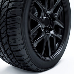 Fototapeta premium A black tire with a black rim. The tire is on a white background
