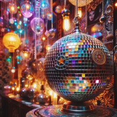 Fototapeta premium Colorful disco mirror ball nightclub sphere light. 