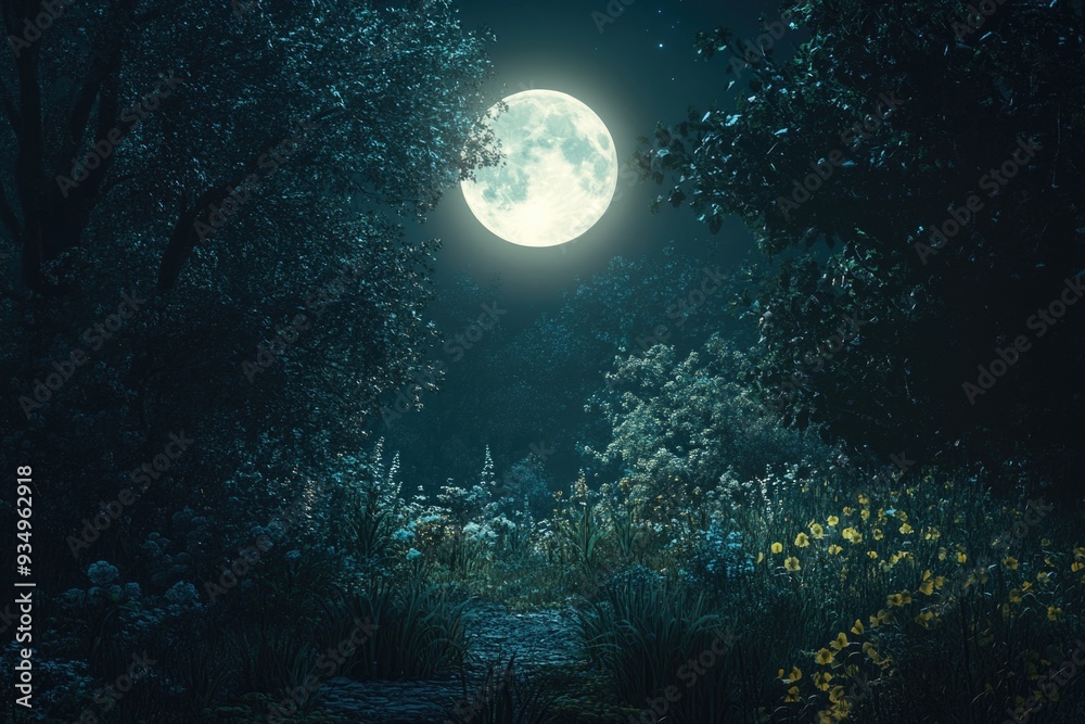 Poster full moon shining brightly in night sky