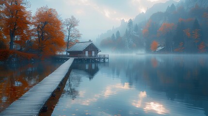 Fototapeta premium Autumn morning mist over a serene lake with a wooden dock and charming cabin
