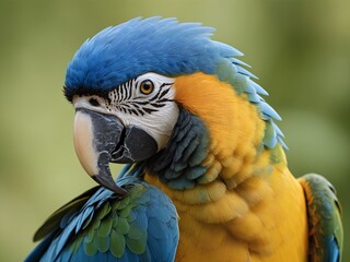 Fototapeta premium A close-up, realistic shot of a vibrant macaw parrot with blue and yellow feathers, its beak slightly open as if about to speak