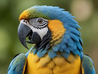 Obraz premium A close-up, realistic shot of a vibrant macaw parrot with blue and yellow feathers, its beak slightly open as if about to speak