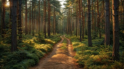 Fototapeta premium Sunlight filters through trees on a winding forest path during late afternoon