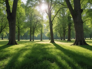 A peaceful scene, green meadow surrounded by tall, ancient trees. The soft sunlight filters through the leaves, casting gentle shadows across the grass