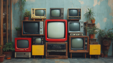Vintage Retro TV Collection with Frame Screen Cut Outs and Potted Plants for Home Decor in Industrial Style Setting