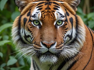 Fototapeta premium A realistic, close-up shot of a tiger’s face, focusing on its intense
