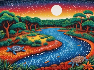 A vibrant illustration of Australian Aboriginal dot painting style art landscape with a river and turtle
