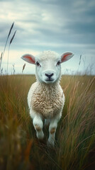 Obraz premium Lamb Grazing Peacefully in Grassy Meadow Under Cloudy Sky, Tranquil Pastoral Scene Representing Rural Life and Serenity